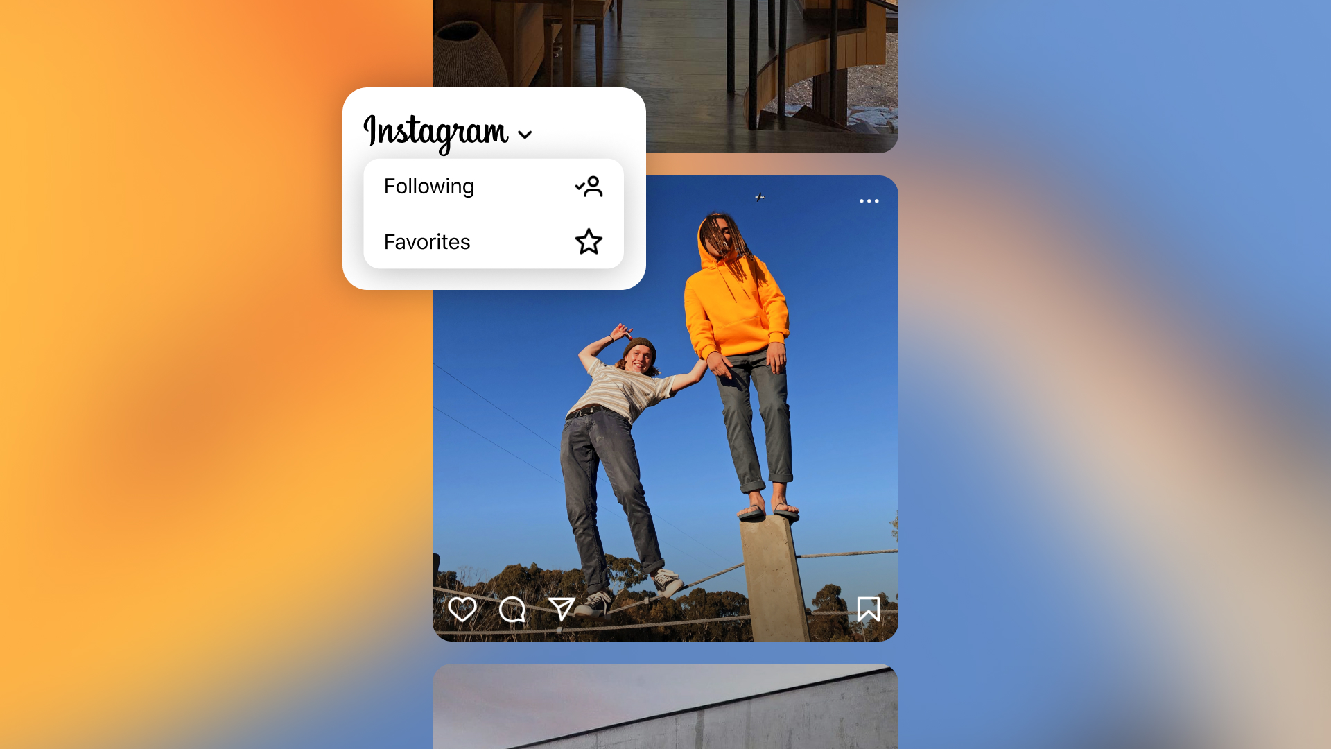 Foto de duas pessoas e uma simulação de interface do usuário das opções Seguindo e Favoritos no Instagram
