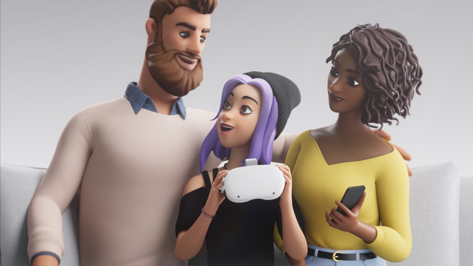 Illustration of teenager holding a Quest headset and sitting with her parents