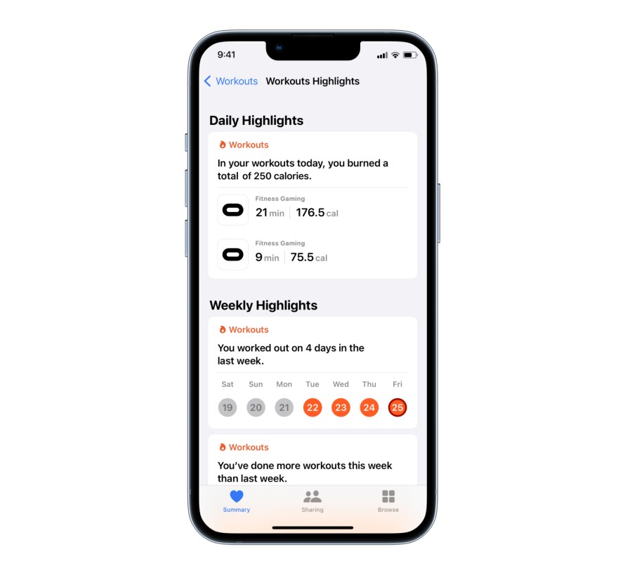 Product mock up of Meta Quest workouts in Apple Health