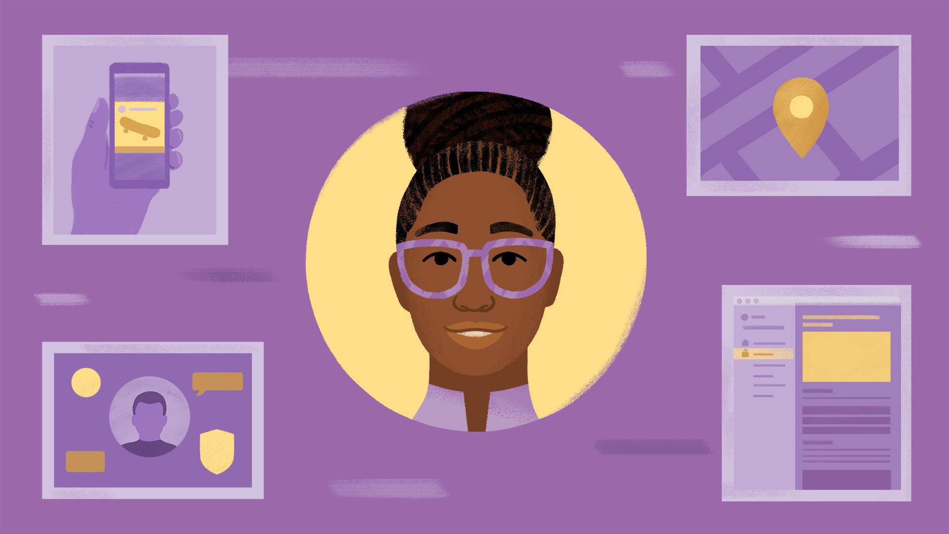 Illustration depicting a woman and her privacy settings on Meta technologies