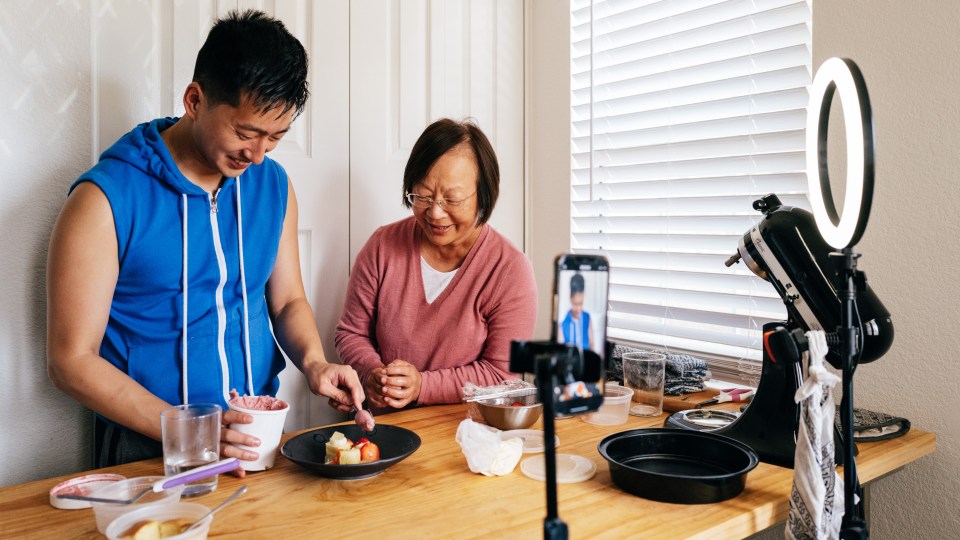 Fred Chang (Subtle Asian Baking) makes a yuzu castella strawberry shortcake with his mother, Jiabee Chang.