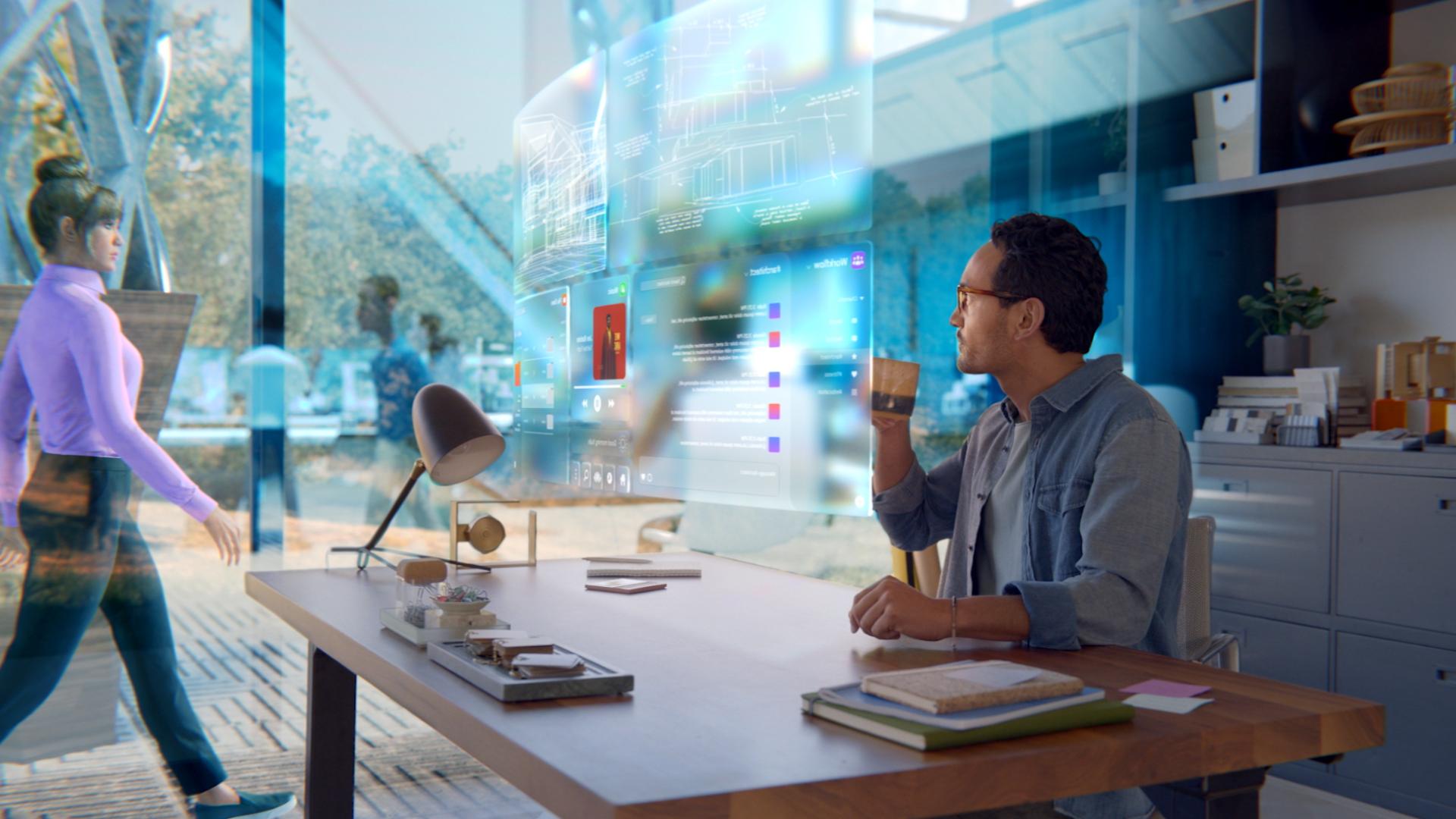 Person at a desk with a coffee, looking at an AR visual of productivity software