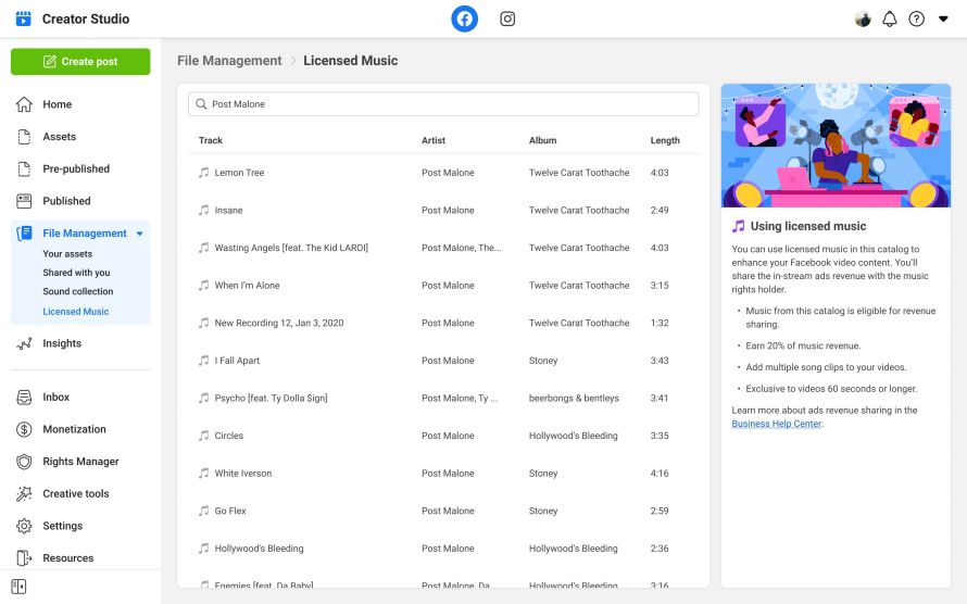The user interface for Facebook Creator Studio and information on Music Revenue Sharing.