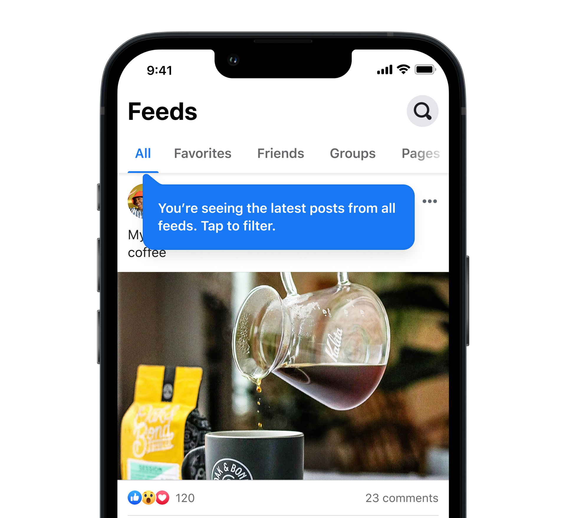 Product mock of Feeds tab on Facebook