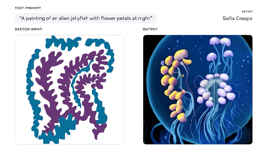 Nova ferramenta de pesquisa de IA transforma ideias em arte 2 "Uma pintura de uma agua viva com petalas de flores na noite"