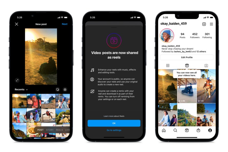 A screenshot showing the new home for Videos on Instagram and explaining how videos can now be shared as a gallery.