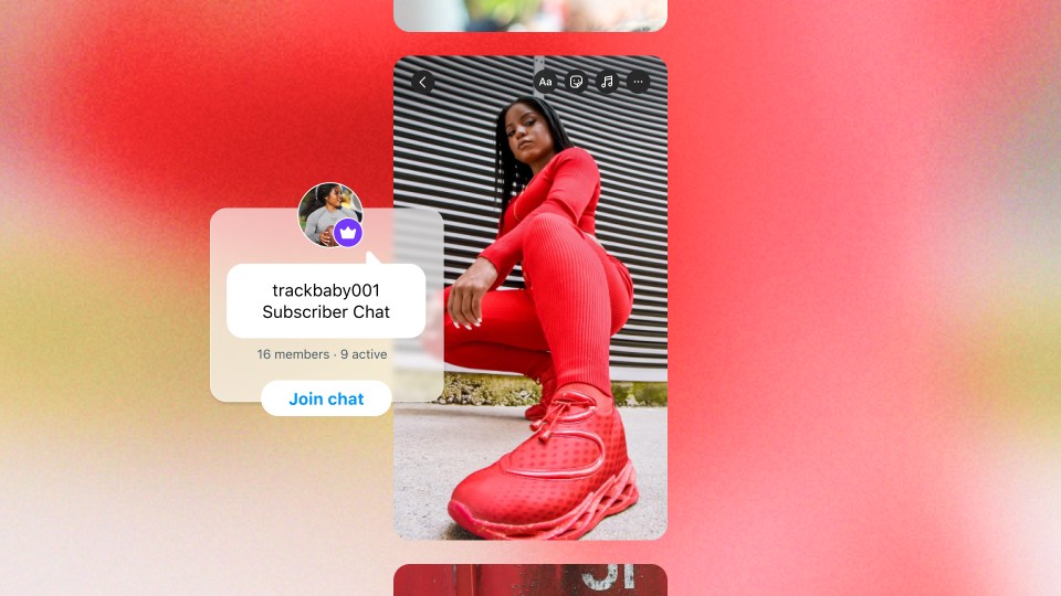 Product mock of subscriber chats and image of woman in red outfit