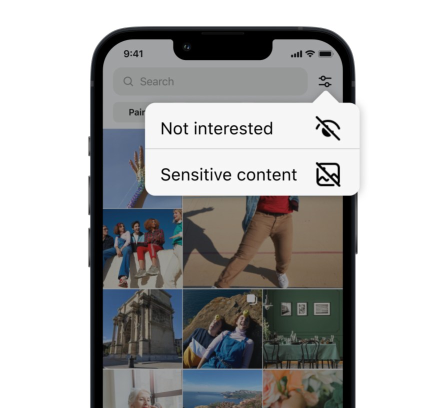 The Instagram user interface showing the "Not interested" and "Sensitive content" tabs.