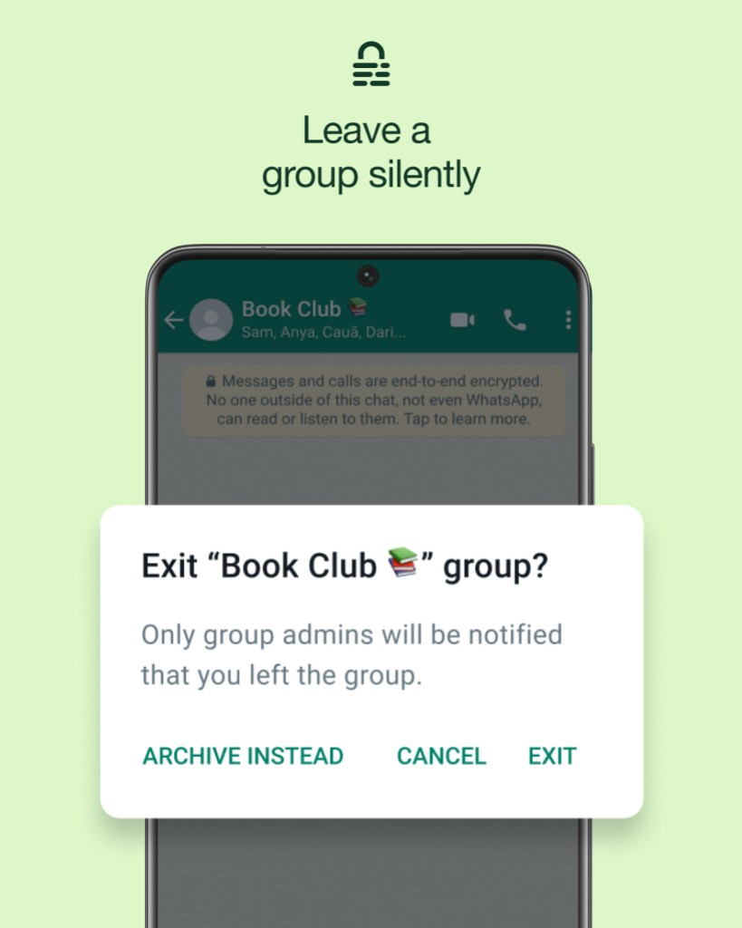 رابط واتس اپ در هنگام خروج از یک گروه یک پیام را نشان می دهد.
