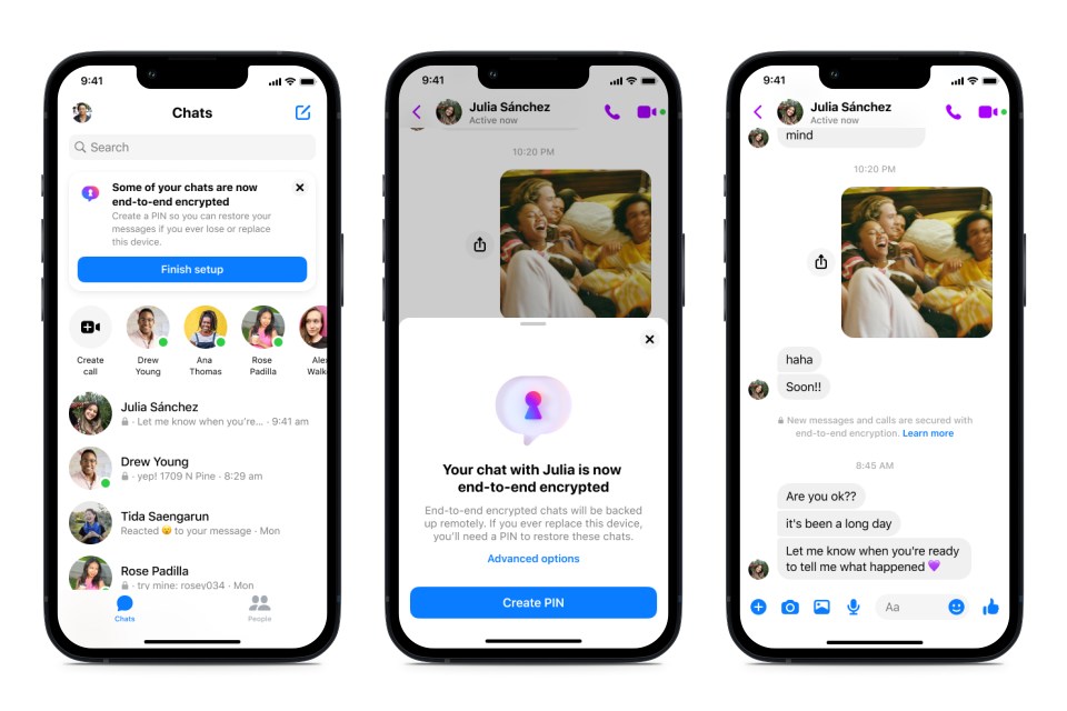 iPhone screens showing Messenger chats that are end-to-end encrypted.