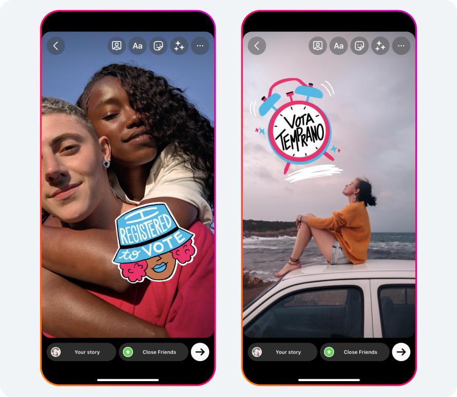 Instagram stickers for Stories saying "I Registered to Voted" and "Register to Vote" in English and Spanish.