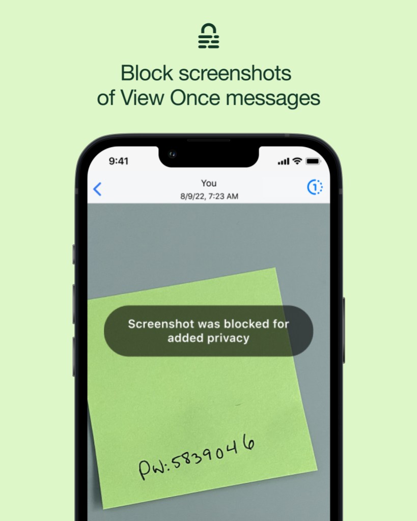 The WhatsApp interface showing a message that an attempt to screenshot a View Once message was blocked.
