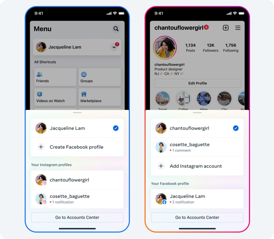 The user interface on Facebook and Instagram to switch between accounts.