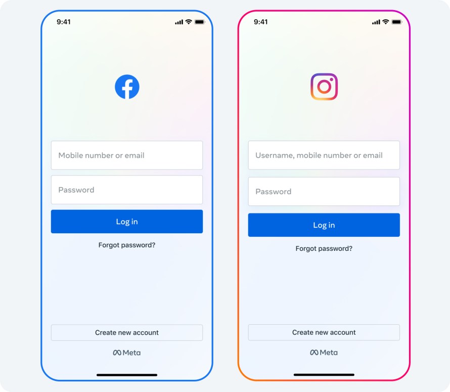 The user interface to login to Facebook and Instagram accounts.
