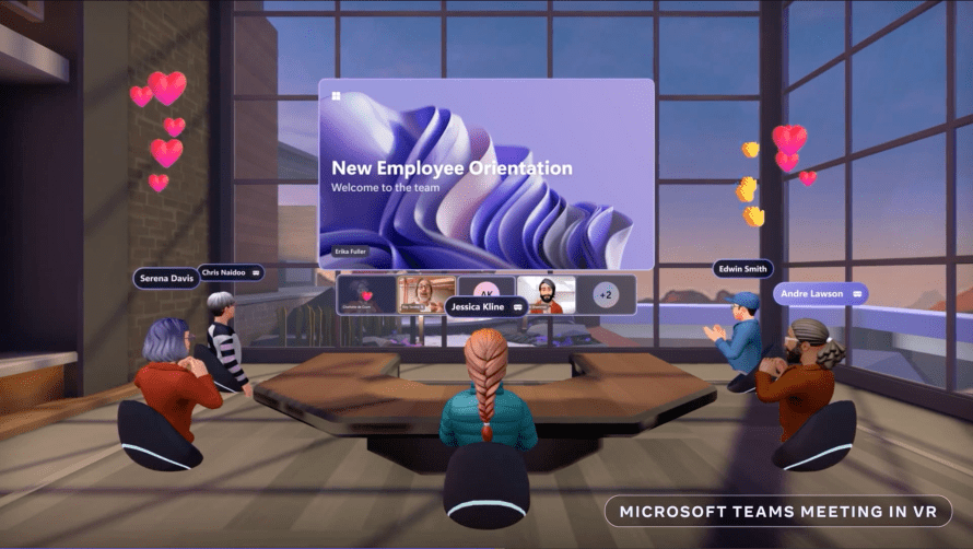 Ein Screenshot, der ein Microsoft Teams-Meeting in VR zeigt.