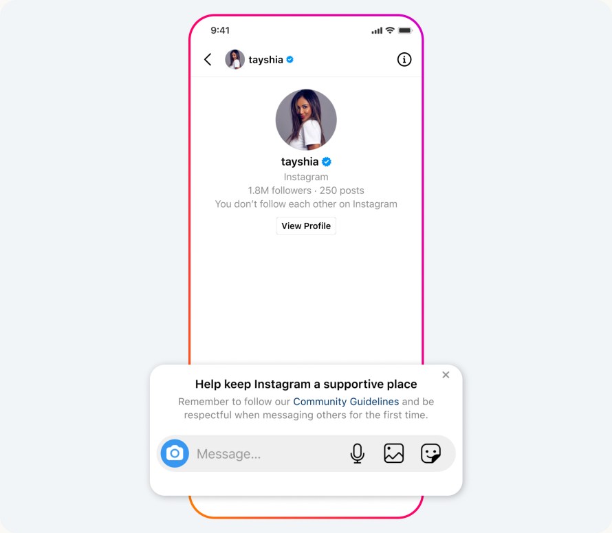 An image showing an Instagram notification to be respectful in DMs.
