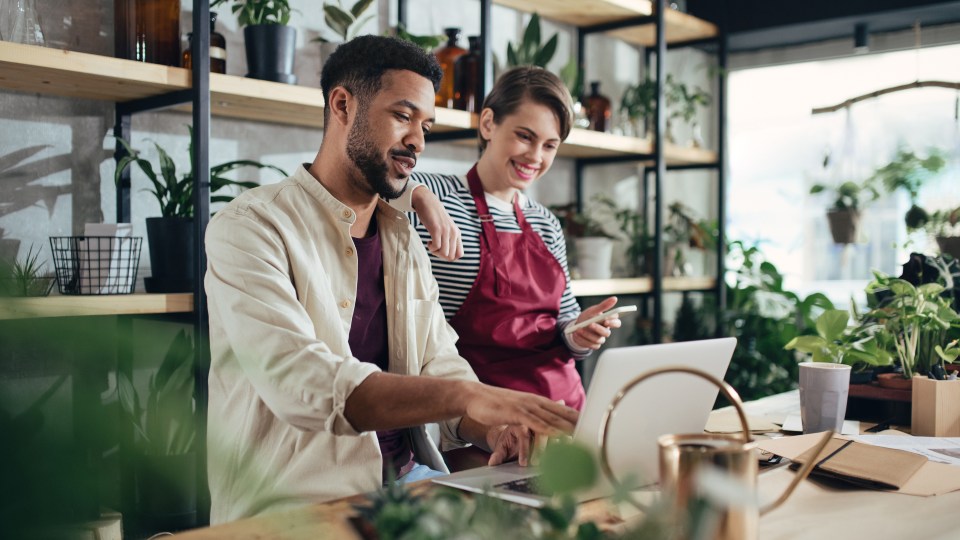 An image showing two employees working at a garden center.