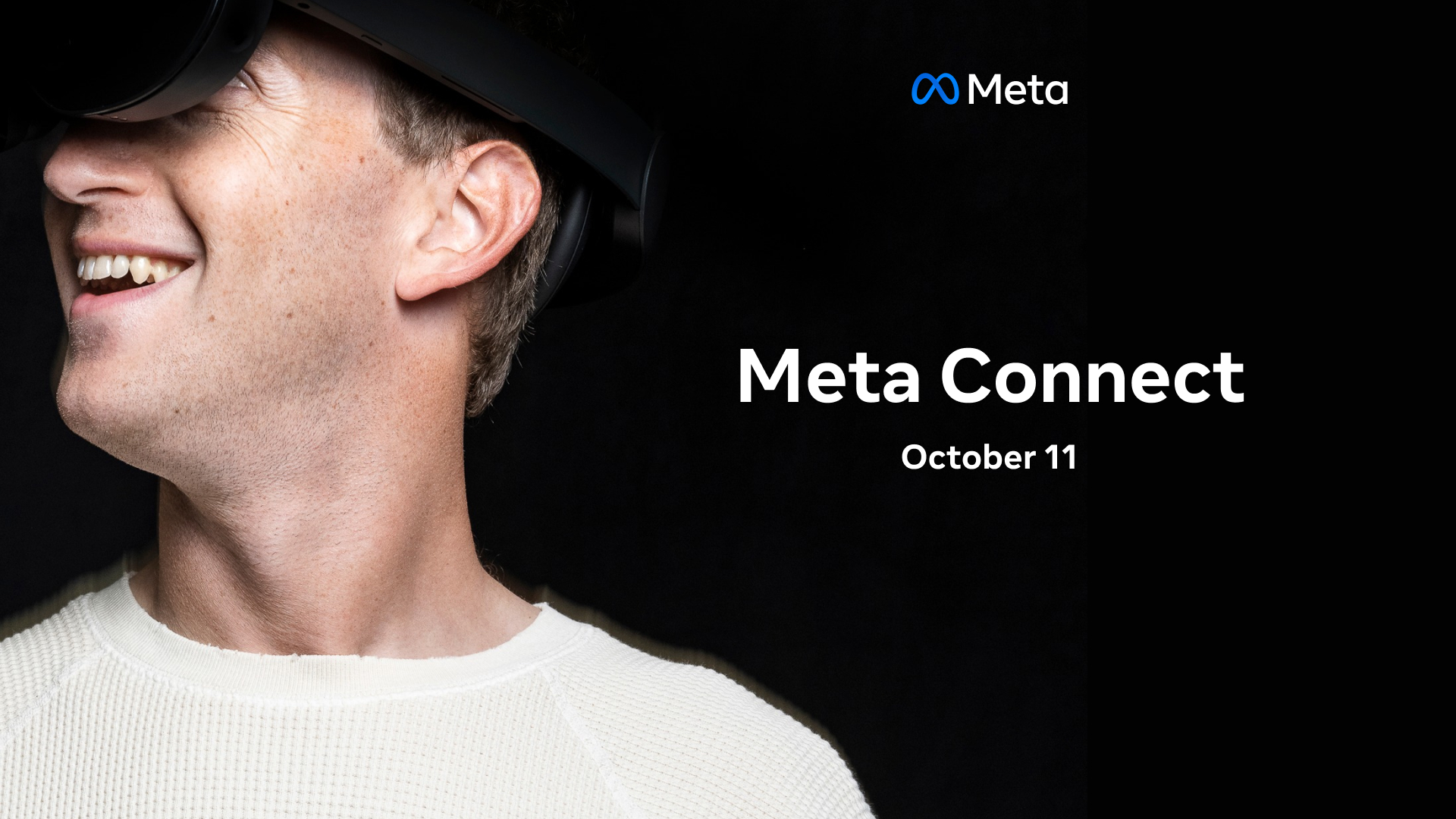 Mark Zuckerberg wearing a VR headset. Text says "Meta Connect October 11"