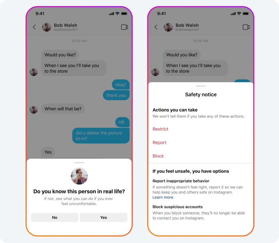 Product mock of default safety notifications on Instagram