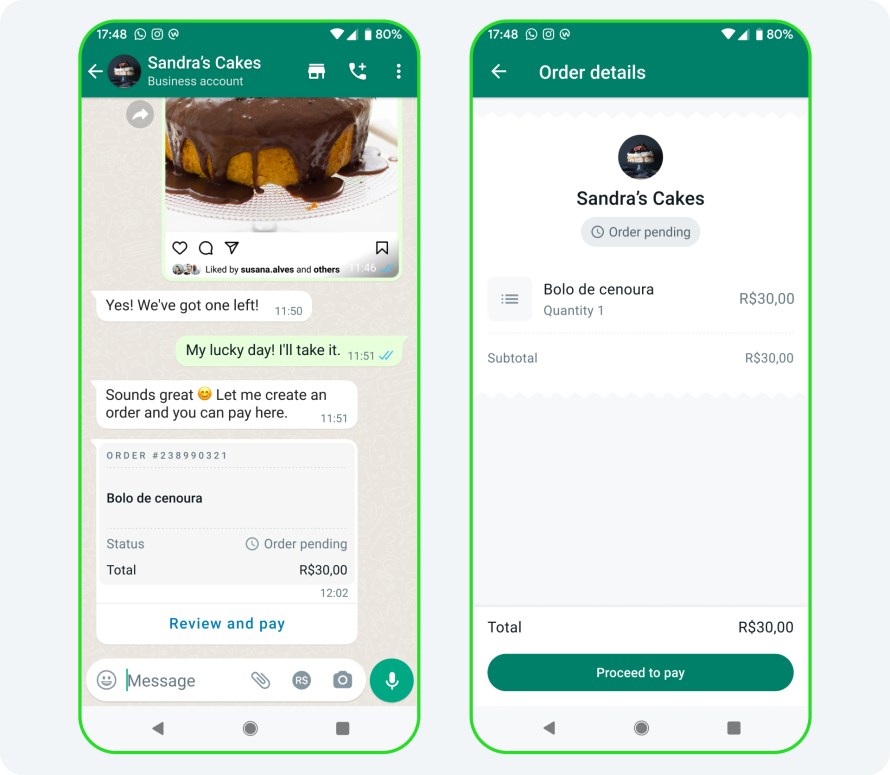 An image showing the user interface for chatting with a business and making a purchase on WhatsApp.