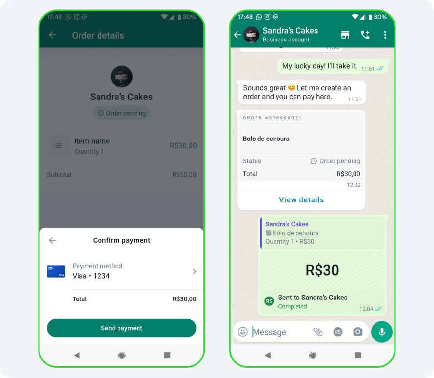 An image showing the user interface for sending a payment on WhatsApp.