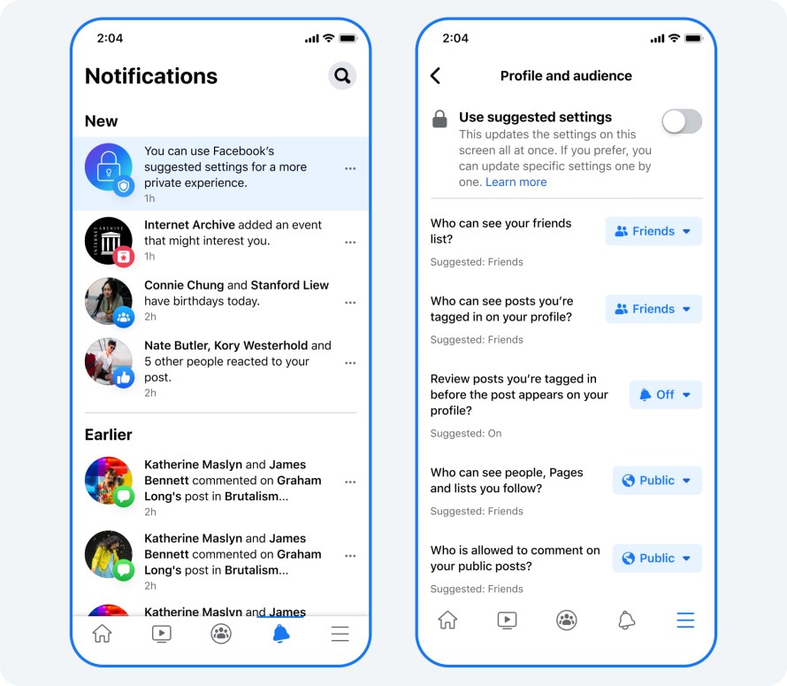 Product mock of privacy default notifications and settings on Facebook