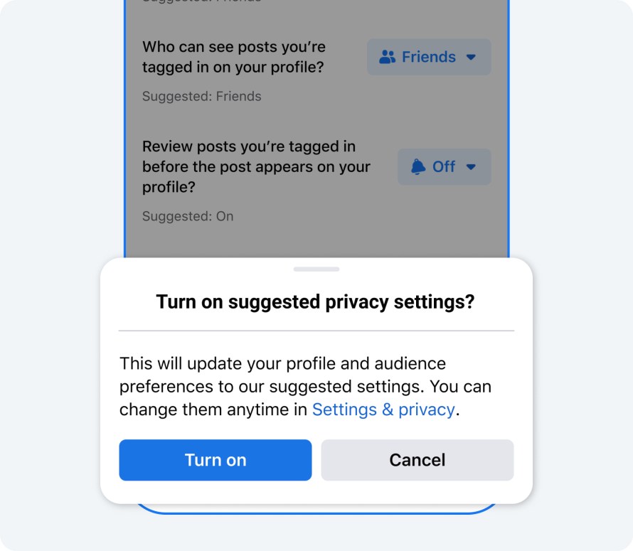 Product fake of privacy default notifications and settings on Facebook