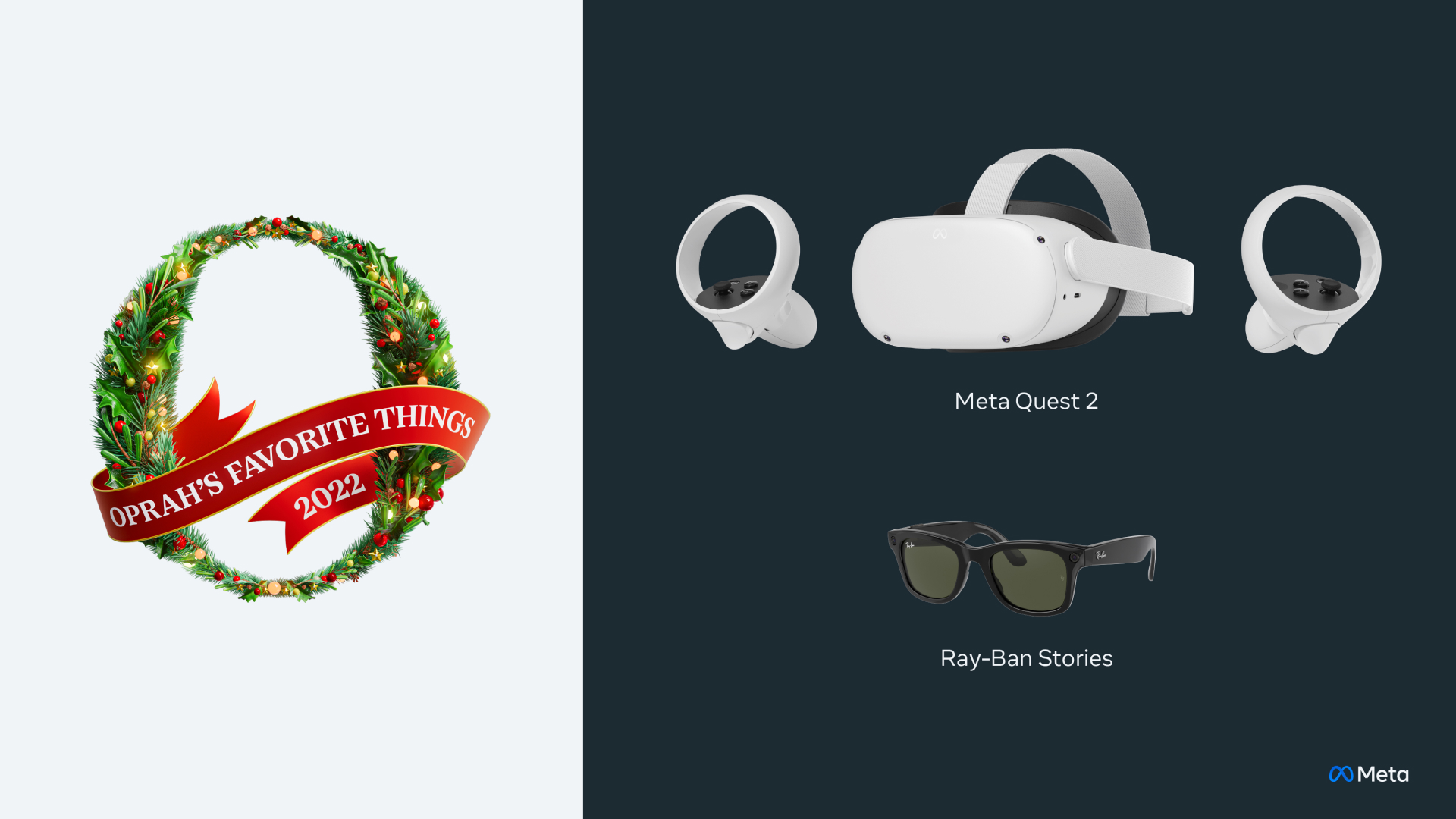 Image of Oprah's Favorite Things 2022 logo, Meta Quest 2 and ray-Ban Stories
