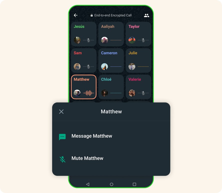 Phone screen showing the ability to mute or message a group call participant on WhatsApp.