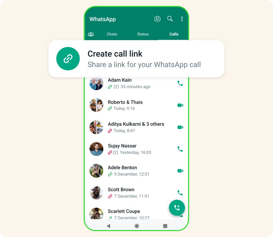 Phone screen showing the ability to create a call link on WhatsApp.