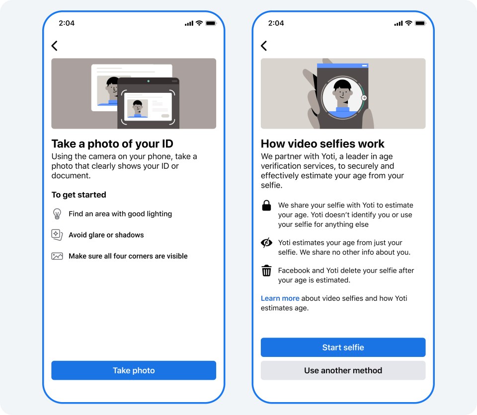 An image explaining the photo ID and video selfie options to verify your age on Facebook Dating.