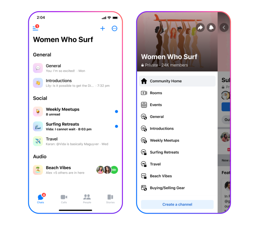 Image showing the user interface of the Women Who Surf Group and community.
