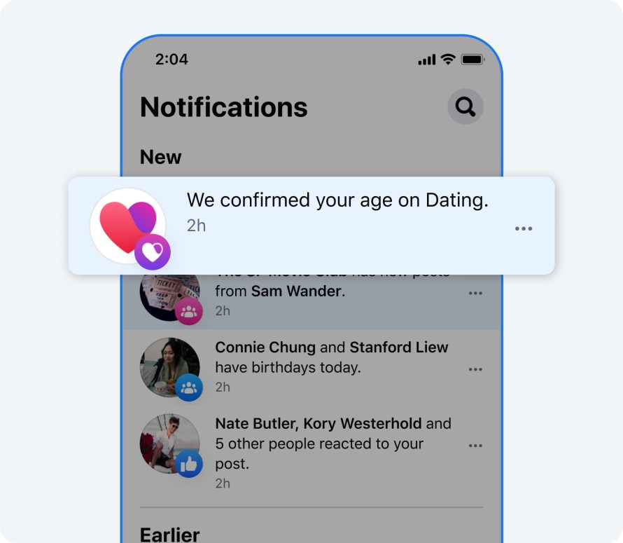 A notification showing that someone's age was confirmed on Facebook Dating.