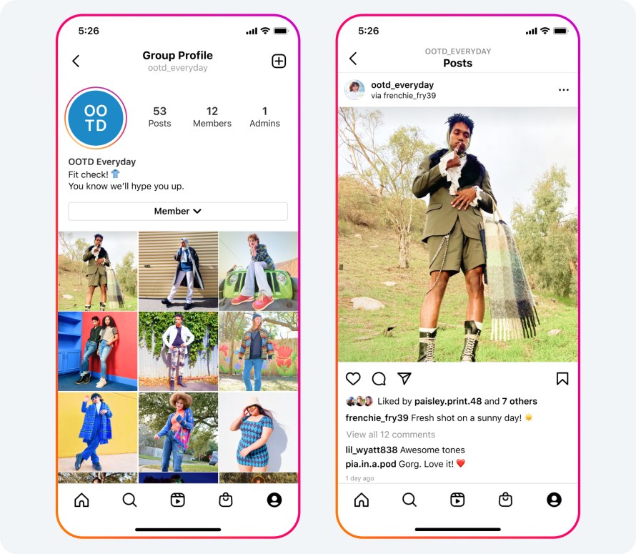 Product mocks of Group Profiles on Instagram