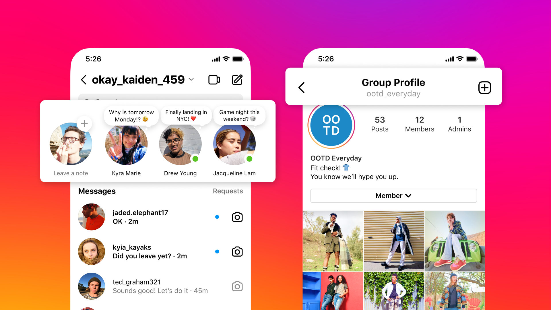 Product mocks of Notes and Group Profiles on Instagram