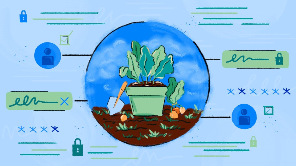 Illustration depicting privacy in community chats on messenger with an image of a plant and icons