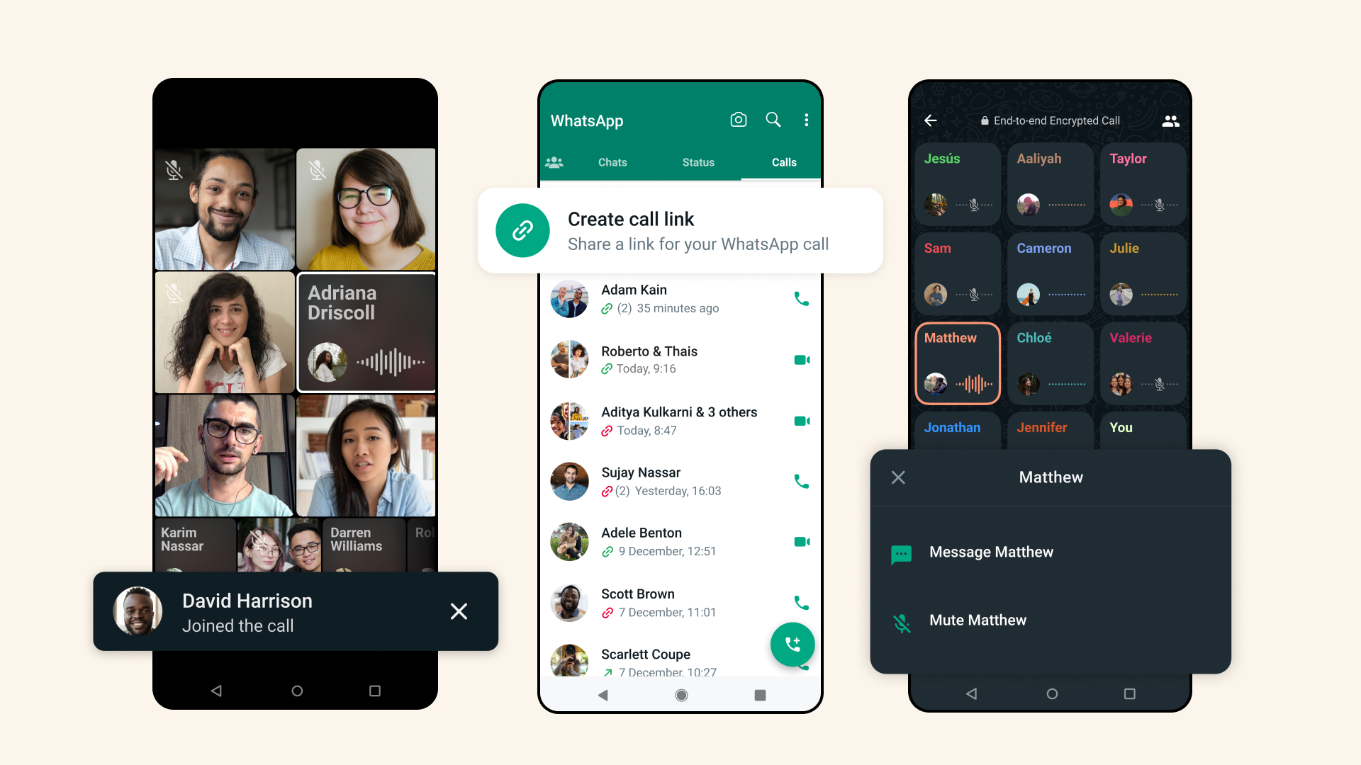 Phone screens highlighting calling features on WhatsApp.