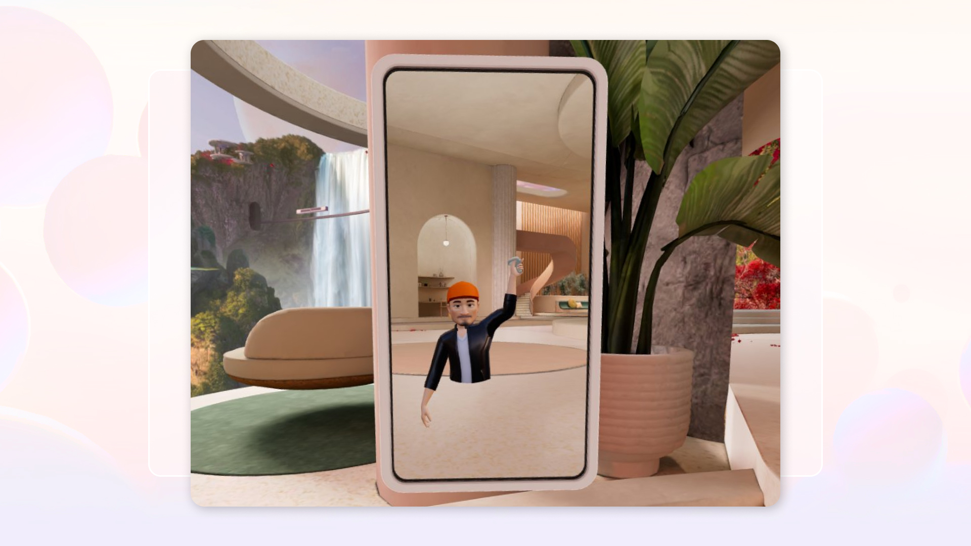 Image of an avatar in front of a mirror in Meta Horizon Home.