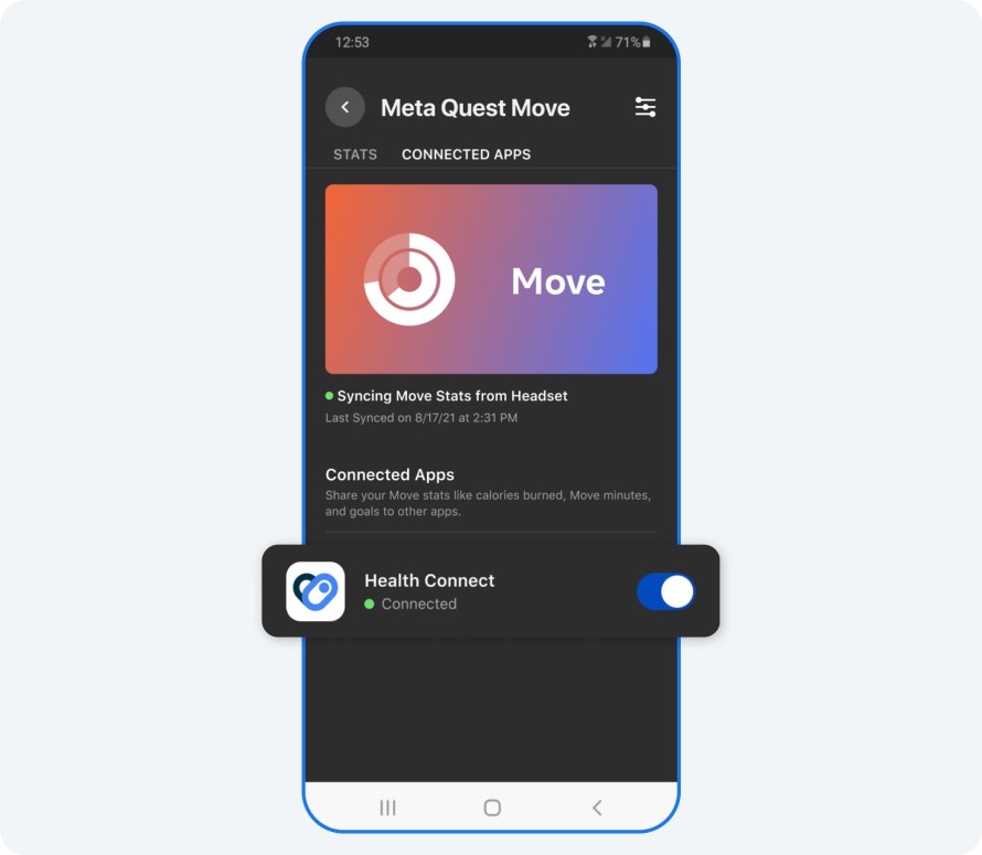 Image showing that Meta Quest Move is connected to Health Connect.
