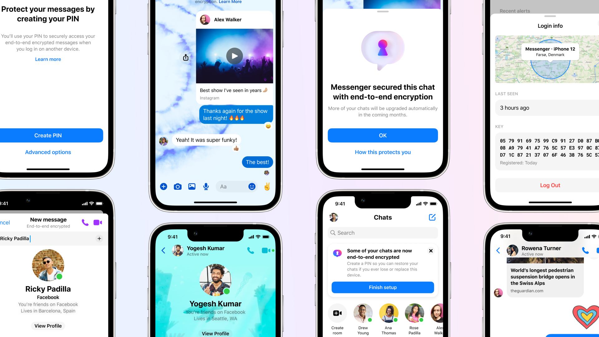 Product mocks of end-to-end encryption on Messenger