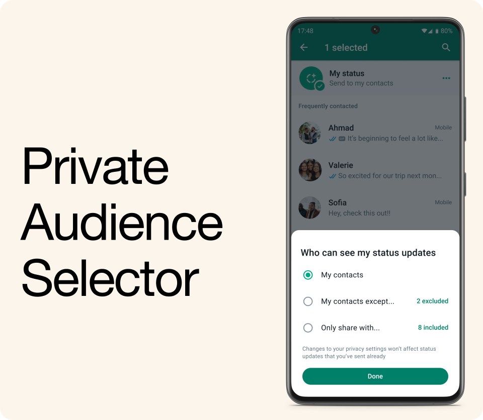 The user interface to choose what audience can see your status on WhatsApp.