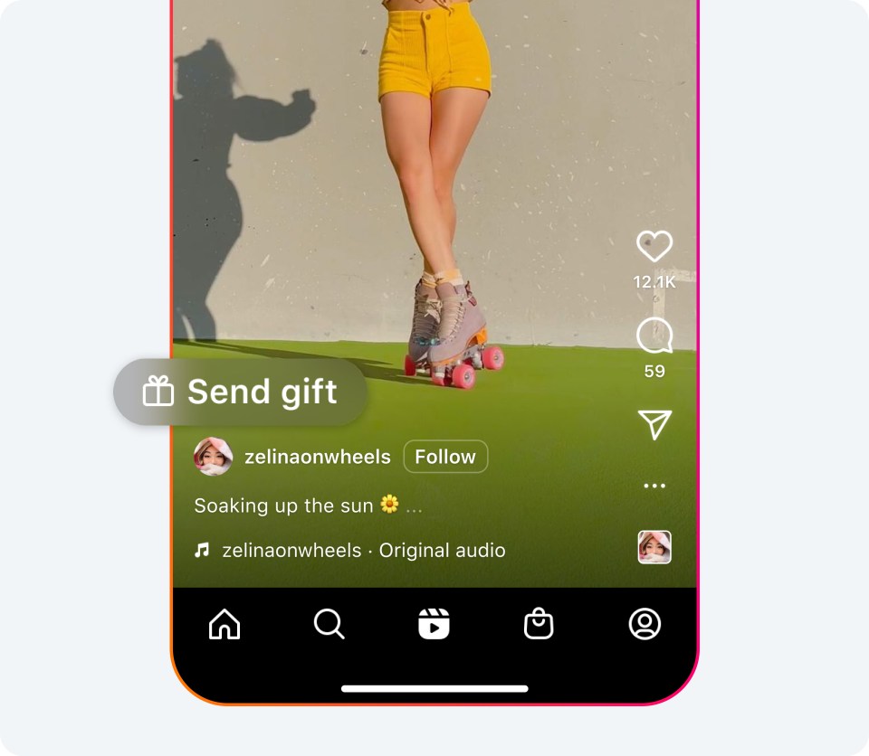 Image showing the ability to send a gift to someone on Instagram Reels.