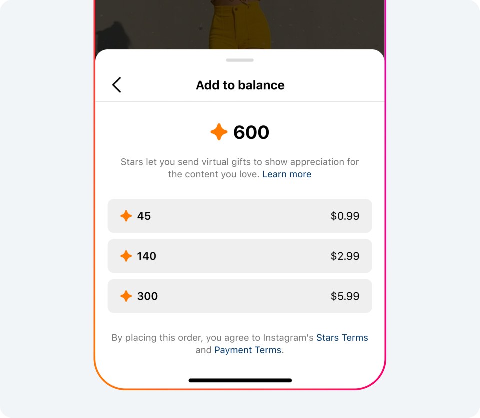 Image showing how to add to Stars balance on Instagram.