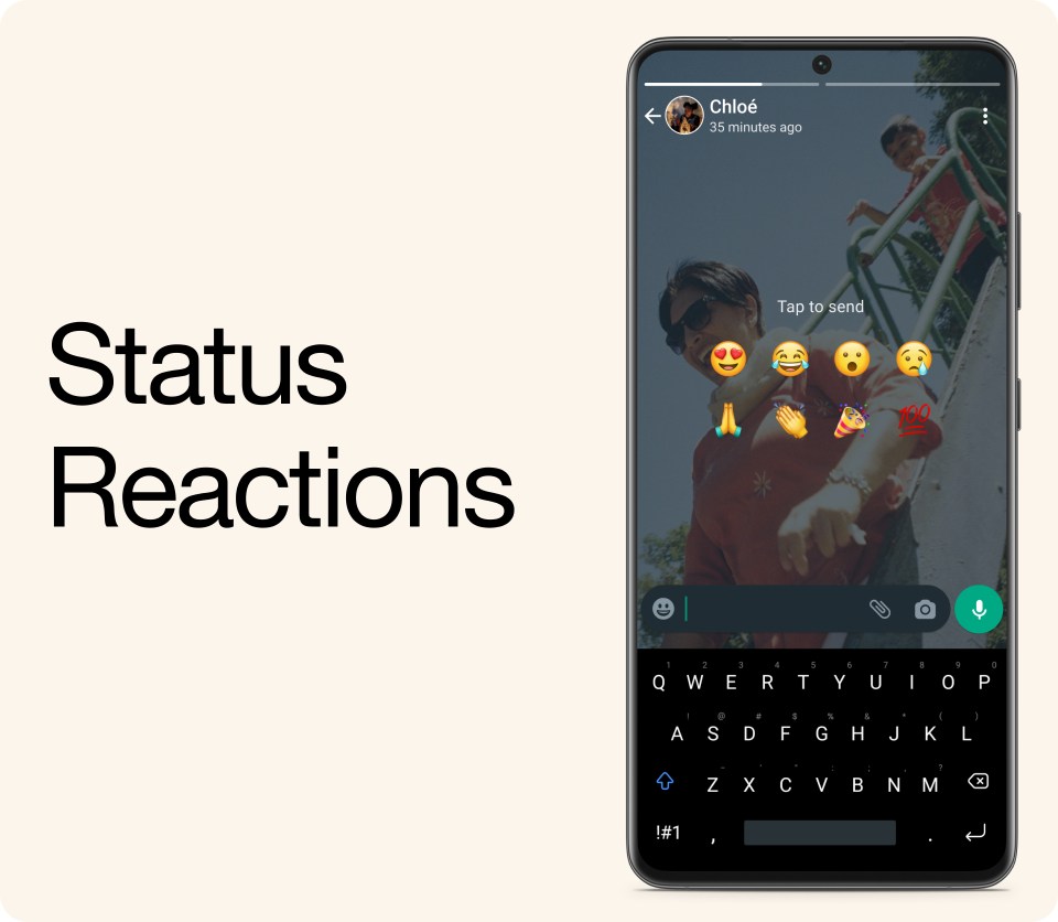 An image showing eight reactions you can send in response to a WhatsApp status.