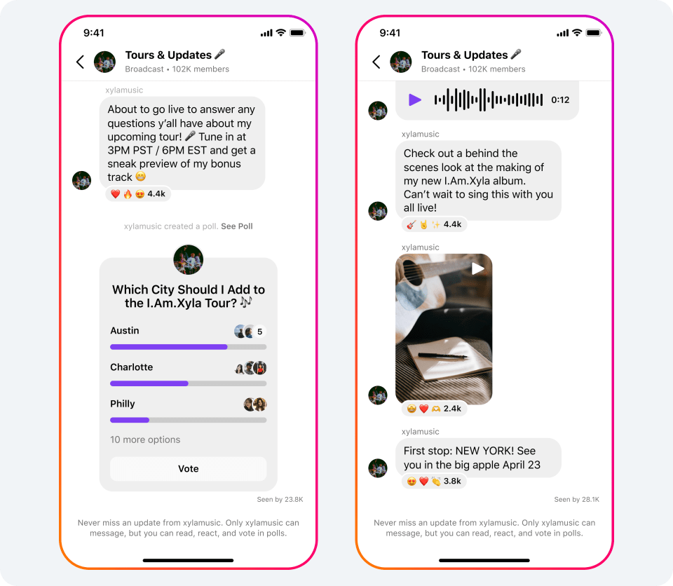 Imagen que muestra las funciones del canal de transmisión de Instagram, como encuestas, notas de voz y mensajes de texto.