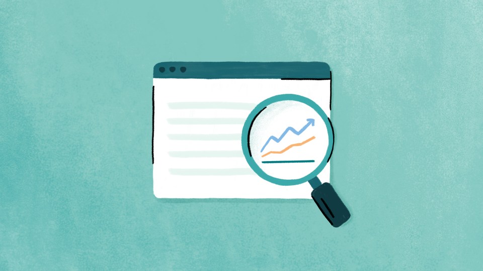 Illustration of magnifying glass showing chart trending upward