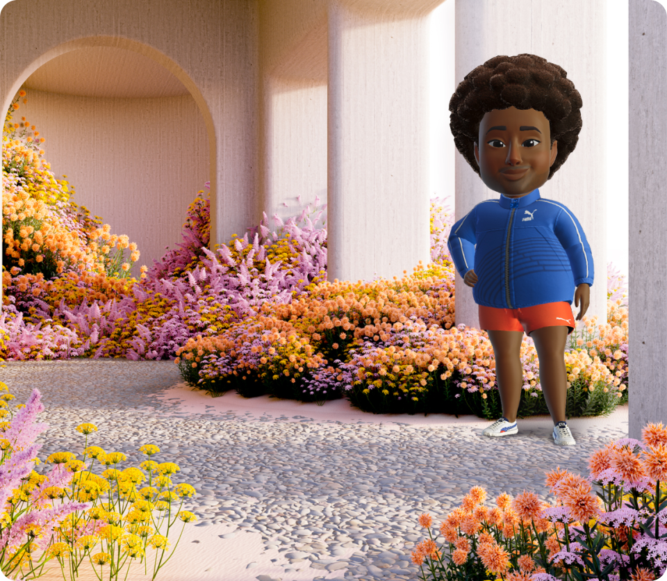 An image of a Meta Avatar surrounded by flowers and dressed in PUMA clothing.