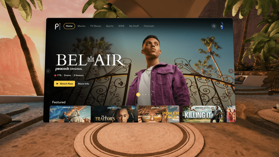 The user interface to watch Bel Air on Peacock on Meta Quest.