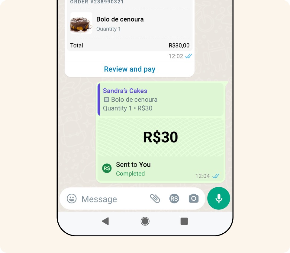 An image of the user interface on WhatsApp in Brazil when a purchase is completed.