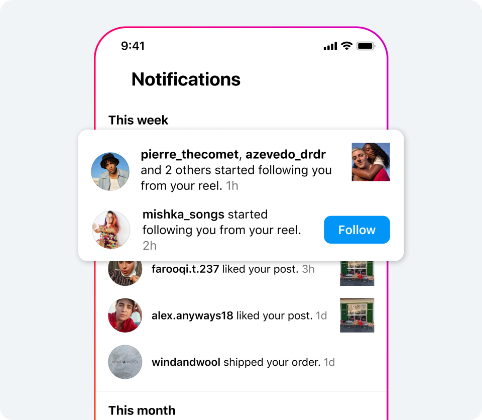 Product mock of notifications from reels